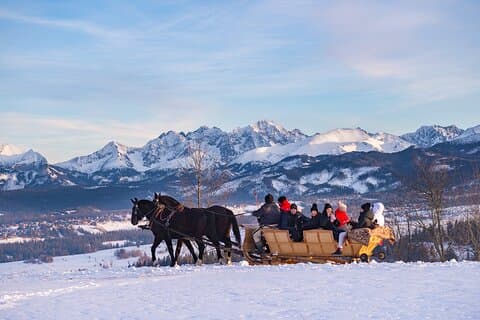 From Krakow; horse-drawn carriage with a bonfire sausage roasting
