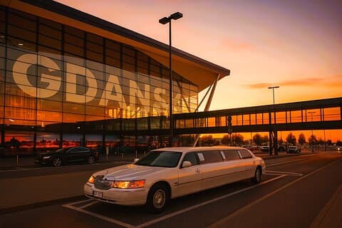 Limousine at the Gdańsk Airport during the sunset