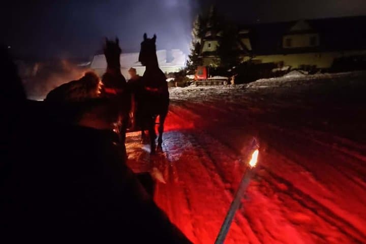 Sled ride pulled by horses with bonfire and dinner.