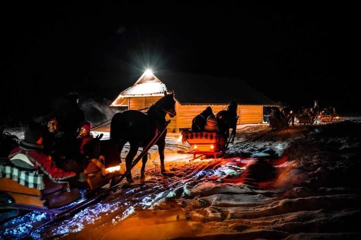 Sled ride pulled by horses with bonfire and dinner.